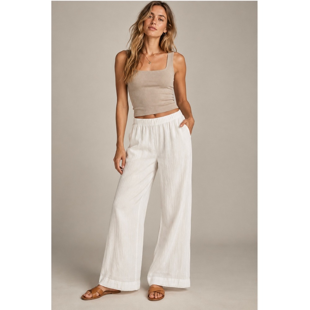 Abercrombie & Fitch Wide Leg Beach Pants S White Crinkle Gauze Coastal Lined